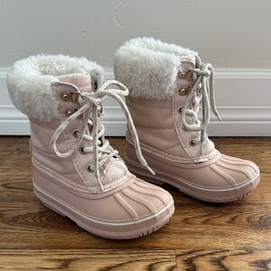London Fog Lil Downing Court Cold Weather Boots in Pink Blush + White Faux Fur